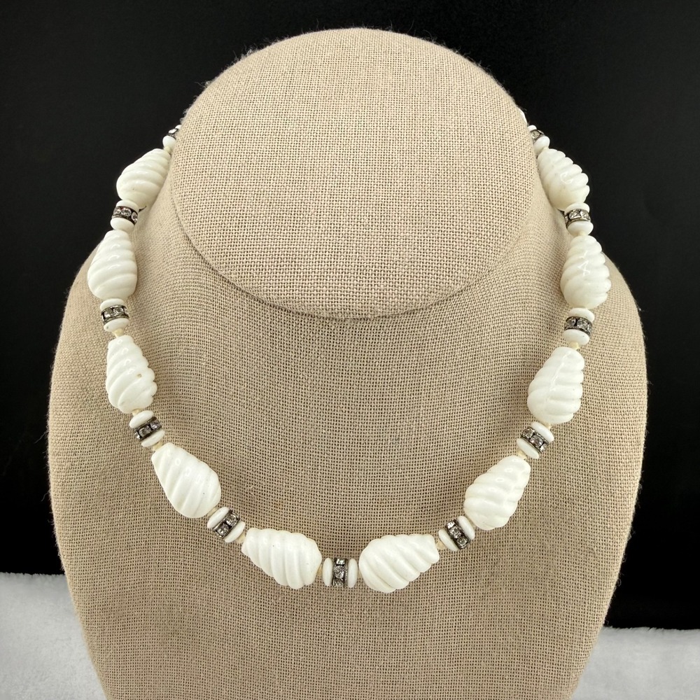 Vintage Estate Necklace White Beaded Glass Rhinestone Adjustable Germany 15"